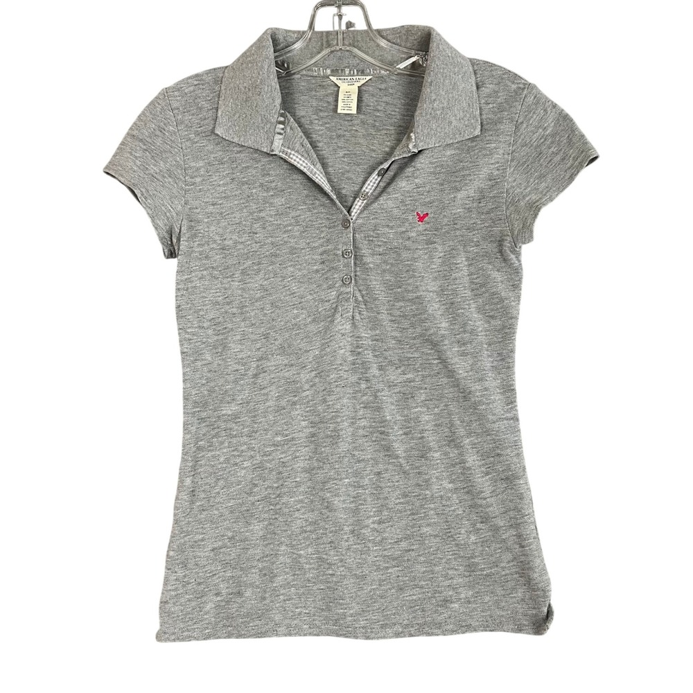 Vintage Y2K American Eagle Polo Shirt Womens S Sheer Grey Preppy